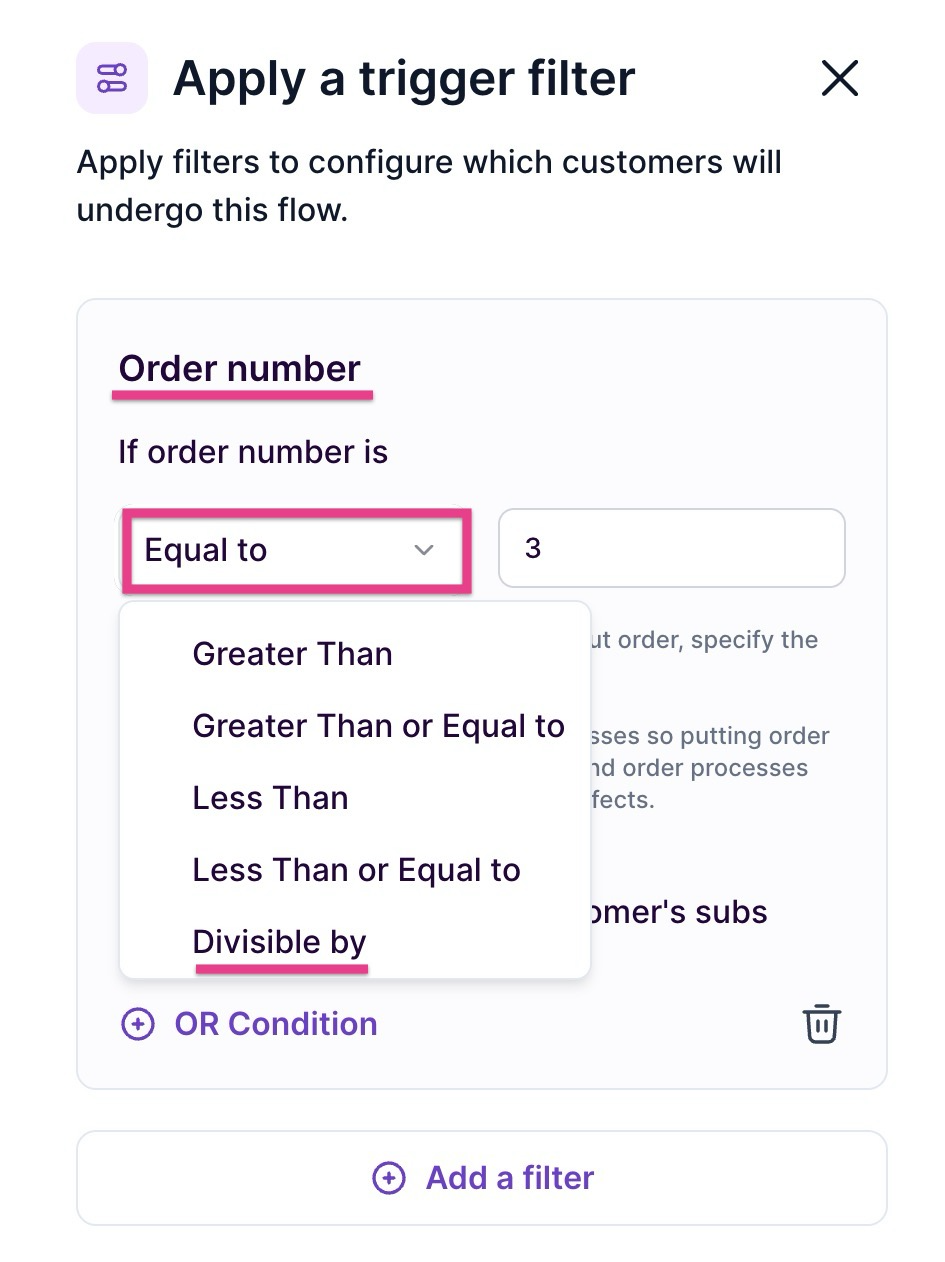 Skio trigger node showing 'Divisible by' filter for order number.